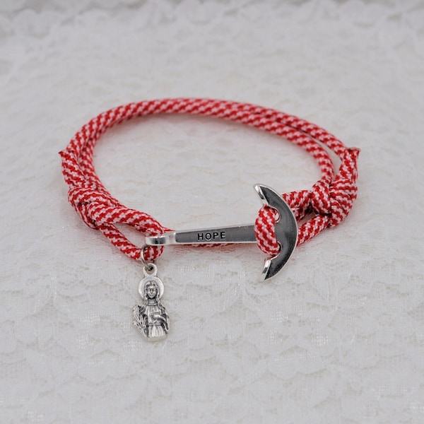 St. Philomena Cord Bracelet with Two Knots & Anchor Clasp, Adjustable, St Philomena Silhouette Medal and Prayer