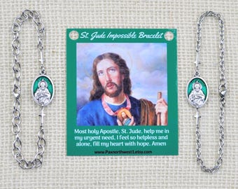 St. Jude Unisex Stainless Steel Chain & Crosses Impossible Bracelet with Saint Jude Green Enameled Medal, Custom sized