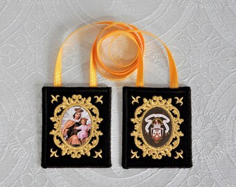 Brown Wool Scapular of Our Lady of Mt. Carmel with Carmel Crest, Gold Embroidery Blessing Record Scapular Promise Prayer Large 3.25" x 2.75"