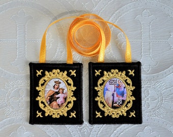 Brown Wool Scapular of Our Lady of Mt. Carmel St. Simon Stock, Gold Embroidery Blessing Record Scapular Promise & Prayer Large 3.25" x 2.75"