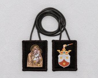 Our Lady of Mt. Carmel Multicolored Carmelite Crest Embroidered Brown Wool Scapular Blessing Record Scapular Promise Prayer Medium 2" x 2.5"