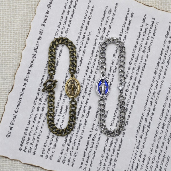 Total Consecration to Jesus through Mary 1" Bronze or Blue Enameled Miraculous Medal Unisex Chain Slave Virgin Mary Bracelet, Custom Sized