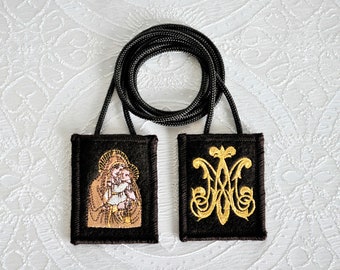 Our Lady of Mt. Carmel Ave Maria Embroidered Brown Wool Scapular w/ Blessing Record, Scapular Promise & Mt Carmel Prayer Medium 2" x 2.5"