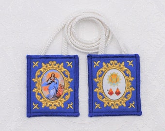 The Blue Scapular of the Immaculate Conception, Gold Embroidery, Blessing Record, Scapular Promise & Prayer Large 3.25" x 2.75"