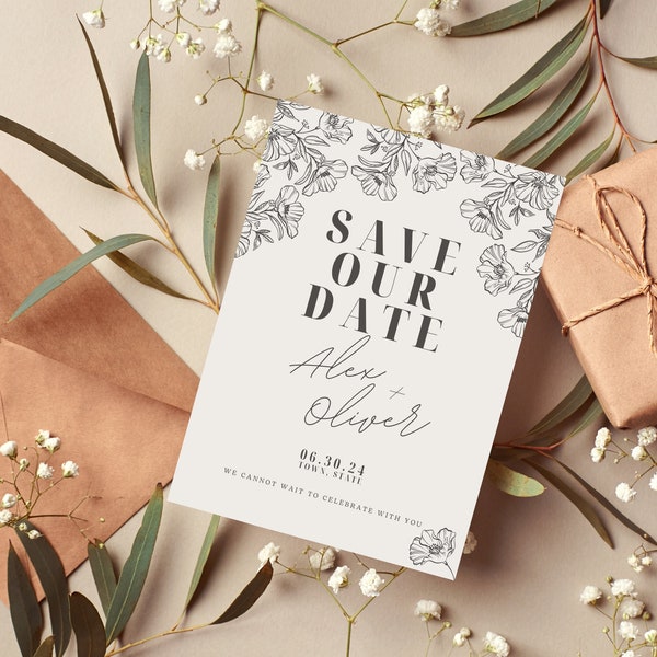 Save the Date Stylish Clean Minimal Elegant Floral Wedding Invitation Template Digital Download