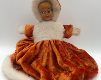 Vintage 1950s Mattel Pyjama Case Bed Doll - Orange and Green Dress, Classic Plastic Face