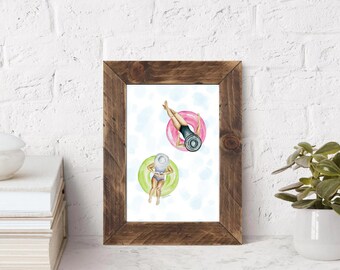 May include: Two women in swimsuits and hats float on colorful inflatable rings against a white background with blue watercolor clouds.
