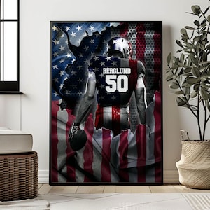 パーソナライズされたフットボール選手の米国旗ポスター、フットボールポスター、フットボール選手へのギフト、男の子へのフットボールギフト、フットボールプリント、フットボールアート