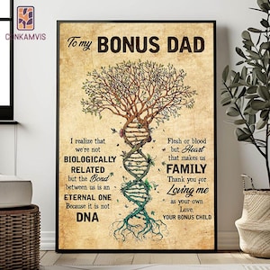 To My Bonus Dad Poster, Vintage Bonus Dad Poster Gift, Fathers Day Gift For Stepdad, From Stepdaughter, Stepson, Bonus Dad Wall Art