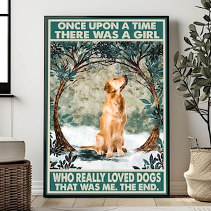 Póster de &quot;Érase una vez una chica que amaba mucho a los perros&quot;, póster de golden retriever, lámina artística dorada, decoración de pared dorada, regalo para mamá y papá.