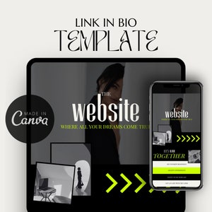 以下が含まれることがあります： ウェブサイトテンプレートの白黒画像で、テキスト「THE website WHERE ALL YOUR DREAMS COME TRUE」と右を指す緑色の矢印が表示されています。このテンプレートは、ソーシャルメディアのバイオへのリンク用に設計されています。