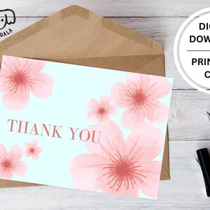 Printable Thank You Card, Floral Sakura Thank You Card, Pink Cherry Blossom Flower, Print at Home Thanks, For Her, Digital Download