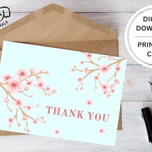 Printable Thank You Card, Floral Sakura Thank You Card, Pink Cherry Blossoms, Print at Home Thanks Card, Thank You For Her, Digital Download