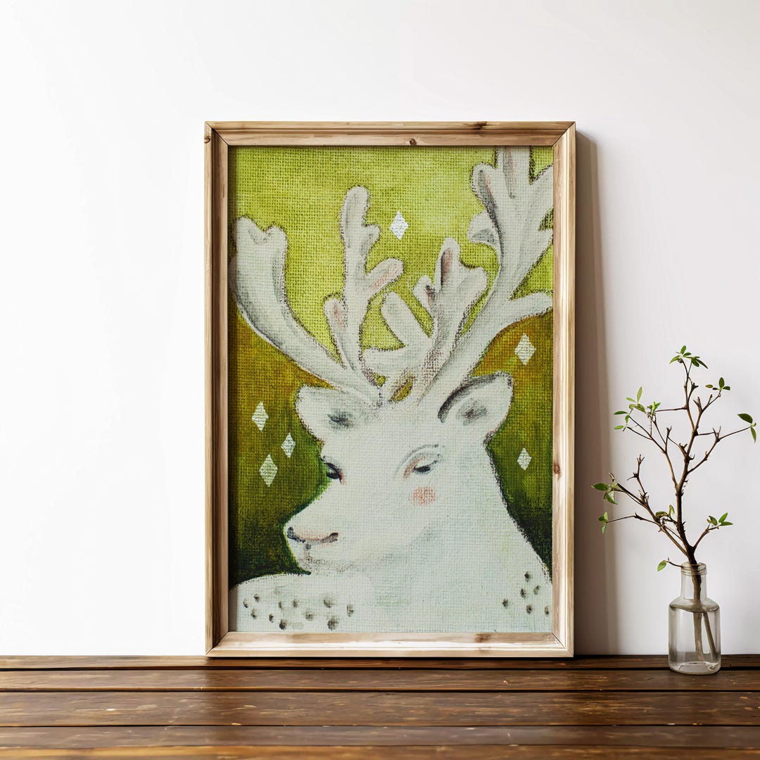 View of Reindeer Wall Art Scandinavian Forest Mountains Celtic Nature Folk Art ...