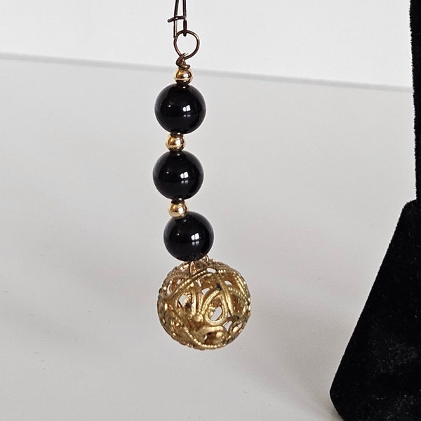 Vintage 70s Dangling Earrings with Black Beads and Golden Globe - Retro Chic
