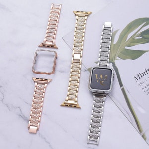 Custom Apple Watch Band 44mm Woman Silver and Apple Watch Cover screen protector Diamond Bezel Bling 38mm-49mm Ultra Apple Watch Case Iwatch