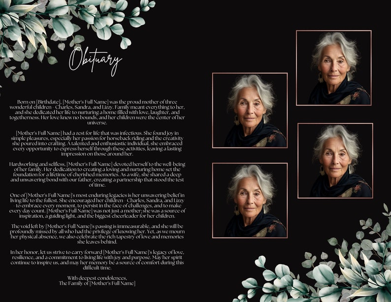 Editable Funeral Program Template, Funeral Memorial, Black & Green