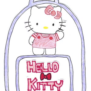 May include: A purple Hello Kitty backpack with a white Hello Kitty character wearing a red and white striped dress and a red bow. The backpack has a purple handle and a white pocket with the words "Hello Kitty" in red.