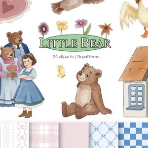 Pode incluir: Ilustrações em aquarela com o tema Little Bear. A imagem inclui uma família de ursos, uma coruja, um pato, flores, uma borboleta, uma casa e fundos estampados. O texto diz "Little Bear" com "24 cliparts | 16 padrões".
