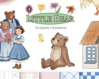 Lilla björnen och vänner akvarell clipart paket, vintage animation tecknad PNG, söta skogsdjur för barnkammare, babyshowergrafik