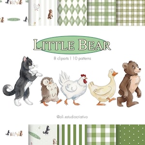 Little Bear and Friends Watercolor Clipart Bundle, Vintage Animation cartoon PNG, Cute Pattern Nursery Animals, Commercial use, 300 DPI