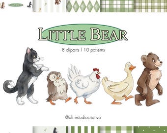 Little Bear and Friends Watercolor Clipart Bundle, Vintage Animation cartoon PNG, Cute Pattern Nursery Animals, Commercial use, 300 DPI
