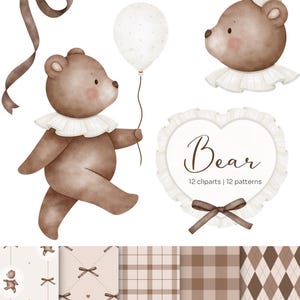 Watercolor teddy bear clipart| Cute baby bear png bundle | Vintage Bear | Whimsical teddy bear | Cozy bear repeating file | Seamless Pattern