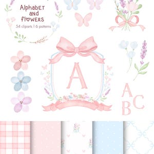 May include: A watercolour clipart set with floral elements, butterflies, and patterns. Includes a floral wreath, bouquets, individual flowers, and the letters A, B, and C. The patterns include pink gingham, polka dots, and bow designs.