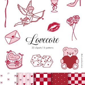 Pode incluir: Uma coleção de cliparts e padrões Lovecore em vermelho e rosa. Inclui um cupido com arco e flecha, um salto alto, uma taça de vinho, um urso de pelúcia segurando um coração e vários padrões. O texto "Lovecore" é exibido.
