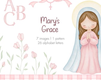 Marien-Cliparts fürs Kinderzimmer | Katholische Aquarell-PNG-Datei | Christliche Babyzimmerdekoration für Mädchen | Wandbilder fürs Kinderzimmer | Marien-Cliparts | 300 dpi