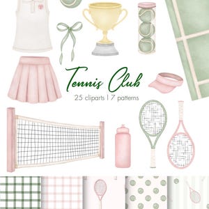 Tennis-Aquarell-Cliparts, Grafiken für einen koketten Tennisclub, Ästhetik eines klaren Mädchens, Sportliche Kunst in Pink und Grün, Handgemaltes digitales Tennispapier