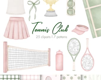 Tennis-Aquarell-Cliparts, Grafiken für einen koketten Tennisclub, Ästhetik eines klaren Mädchens, Sportliche Kunst in Pink und Grün, Handgemaltes digitales Tennispapier