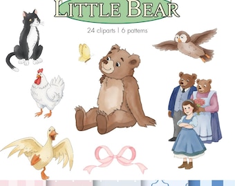 Little Bear and Friends Watercolor Clipart Bundle, Vintage Animation cartoon PNG, Cute Woodland Nursery Animals, Baby Shower Graphics