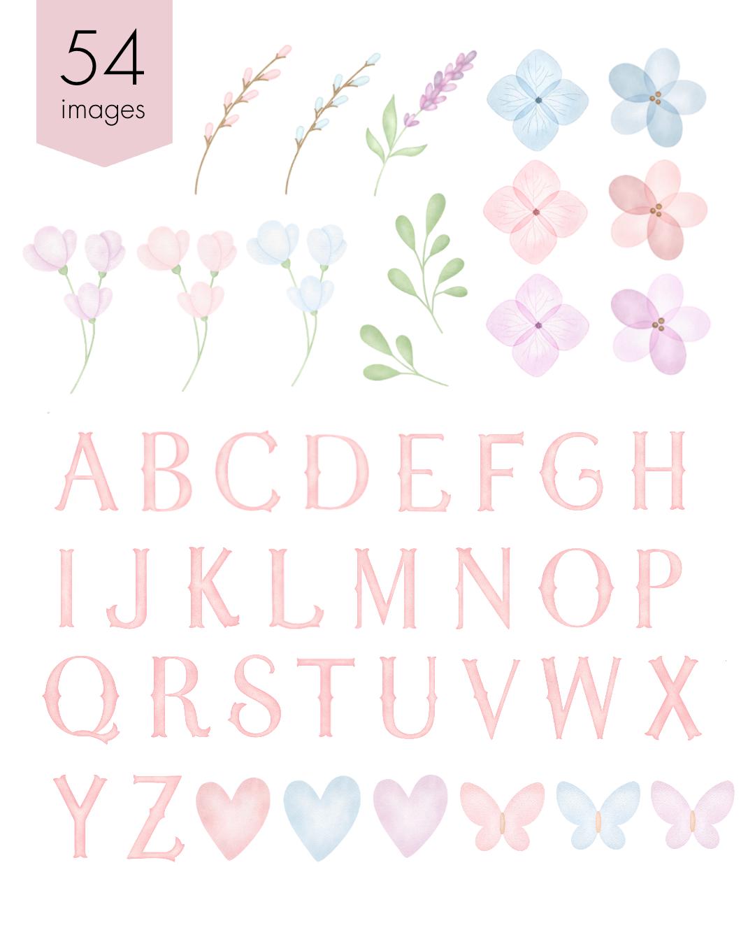 Delicate Hand Lettering Watercolor Floral Alphabet Clipart Set, Neutral Nursery Flowers, Hand ...