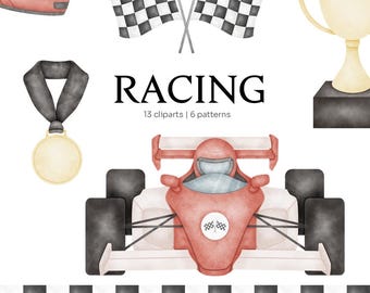 Raceauto Clipart | Aquarel Raceauto | Kleine Racer PNG | Raceauto Feest | Formule Raceauto | Grand Prix | Racebaan | Naadloos Patroon