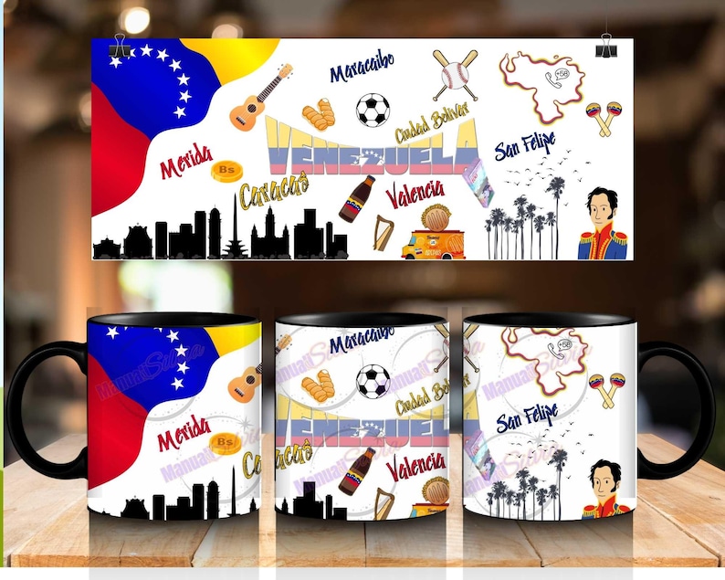 May include: Three black mugs with white interiors and handles. Each mug features a different design inspired by Venezuelan culture. The designs include a map of Venezuela, a guitar, a soccer ball, and the words "Merida", "Caracas", "Valencia", "Maracaibo", "Ciudad Bolivar", and "San Felipe".