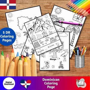 Puede incluir: Una colección de cinco páginas para colorear en blanco y negro de la República Dominicana con varias ilustraciones, incluyendo montañas, palmeras y un autobús. La imagen también presenta un juego de lápices de colores y el texto "Dominican Coloring Page."
