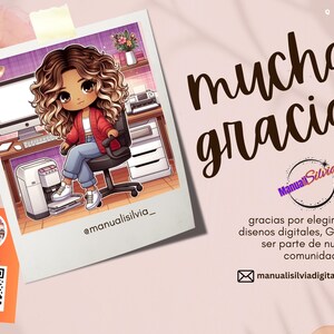 May include: An illustration of a cartoon character sitting at a desk with a computer, printer, and coffee machine. The image is in a polaroid frame with the words "muchas gracias" and the Instagram handle @manualisilvia_.