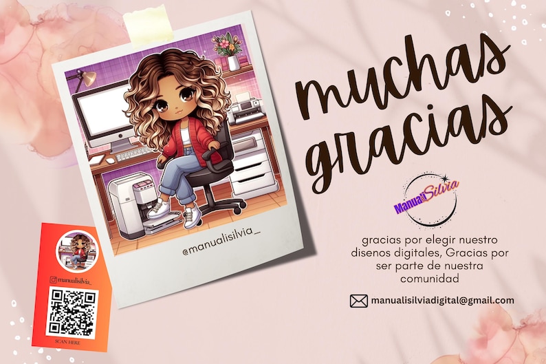 May include: An illustration of a cartoon character sitting at a desk with a computer, printer, and coffee machine. The image is in a polaroid frame with the words "muchas gracias" and the Instagram handle @manualisilvia_.