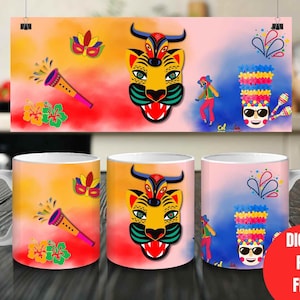 May include: Three white ceramic mugs with colourful designs featuring a tiger face, a carnival mask, and a festive character wearing a sombrero. The mugs are set against a blurred background of a pink and orange ombre.