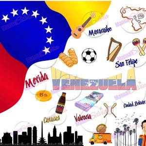 May include: A colorful illustration of Venezuela with the country's flag, cities, and landmarks. The illustration includes the words "Merida", "Caracas", "Valencia", "Maracaibo", "San Felipe", "Ciudad Bolivar", and "Venezuela".