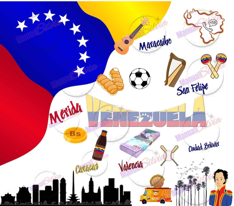 May include: A colorful illustration of Venezuela with the country's flag, cities, and landmarks. The illustration includes the words "Merida", "Caracas", "Valencia", "Maracaibo", "San Felipe", "Ciudad Bolivar", and "Venezuela".