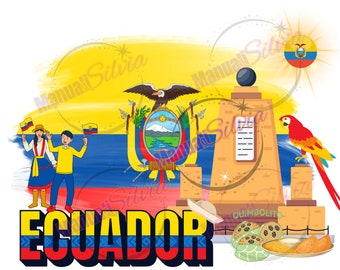 May include: A colorful illustration featuring the word "Ecuador" in bold, multi-colored letters. The image includes the Ecuadorian flag, a monument, a parrot, and people holding flags. The background has a yellow and blue color scheme.