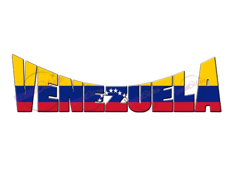 May include: The word "VENEZUELA" is written in a curved arch, with each letter filled in with the colors of the Venezuelan flag: yellow, blue, and red. The letters are outlined in black.