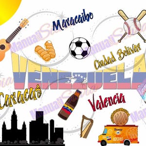May include: A colorful illustration of Venezuela with a map of the country, a guitar, a soccer ball, a baseball bat and ball, a food item, and a cityscape. The text "Venezuela" is written in large letters across the top of the image.