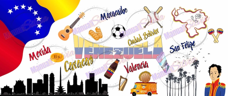 May include: A colorful illustration of Venezuela with a map of the country, a guitar, a soccer ball, a baseball bat and ball, a food item, and a cityscape. The text "Venezuela" is written in large letters across the top of the image.