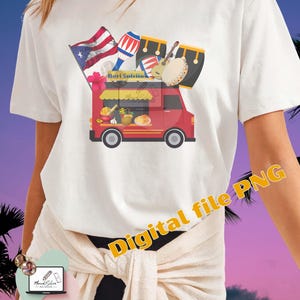 Puede incluir: Camiseta blanca con una ilustración de un camión de comida rojo, con instrumentos musicales, una bandera puertorriqueña y el texto "Bori Sofrito". El diseño incluye varios alimentos y una flor, con las palabras "Digital file PNG" en la esquina.