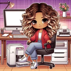 May include: An illustration of a person with curly brown hair, wearing a red cardigan, white top, and blue jeans, sitting in a black office chair. The person is in a home office setting with a computer, printer, and desk.