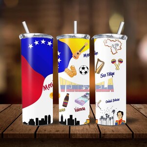 May include: Three stainless steel tumblers with lids and straws. Each tumbler features a different design inspired by Venezuela. The first tumbler has the Venezuelan flag, the second has a soccer ball, a guitar, and the word "Venezuela", and the third has a map of Venezuela with the words "San Felipe" and "Ciudad Bolivar".