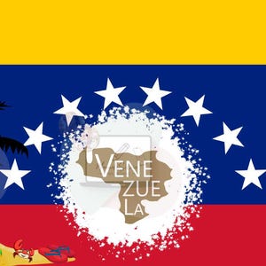 May include: Venezuelan flag design with a yellow, blue, and red color scheme. The flag features a white star arrangement, a coat of arms, and the word "Venezuela" in the center. Palm trees and a beach scene are also included.